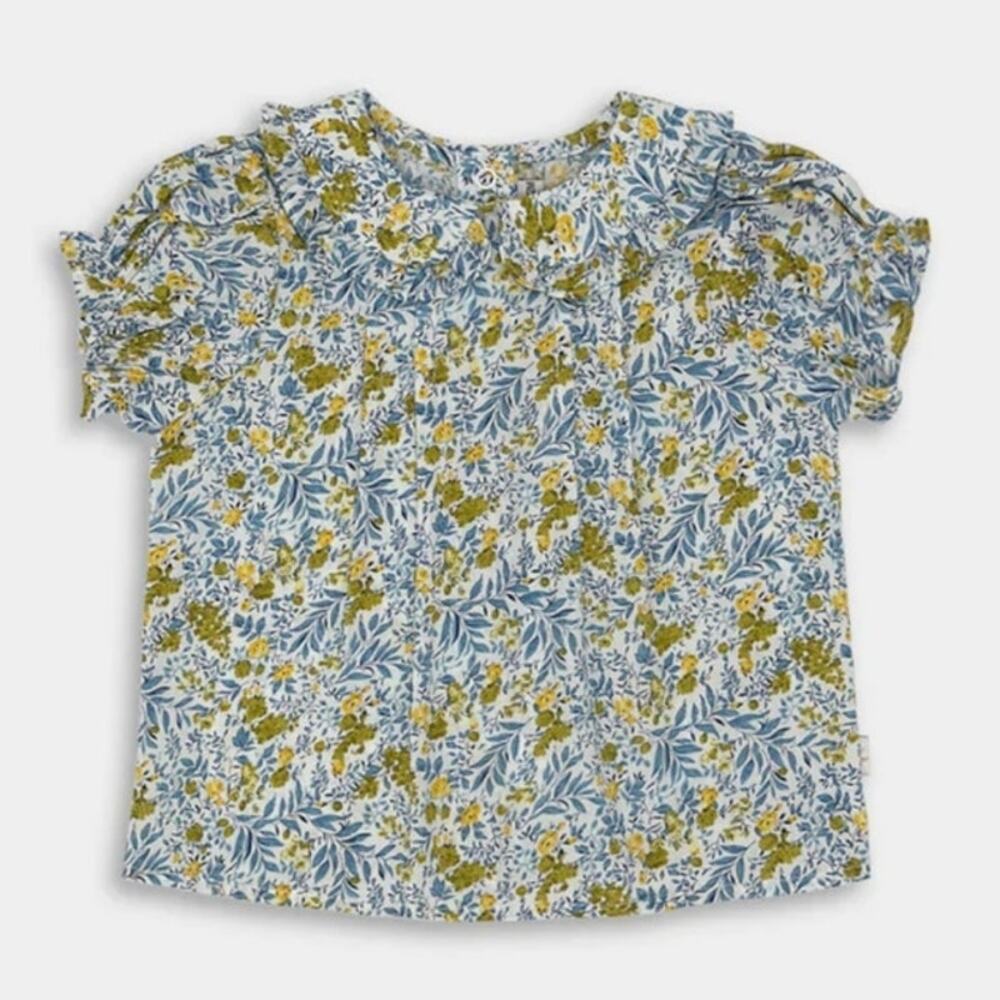Lillies Dream Cotton Floral Blouse Top Ruffle Collar Blue Yellow Cottage Girls 3